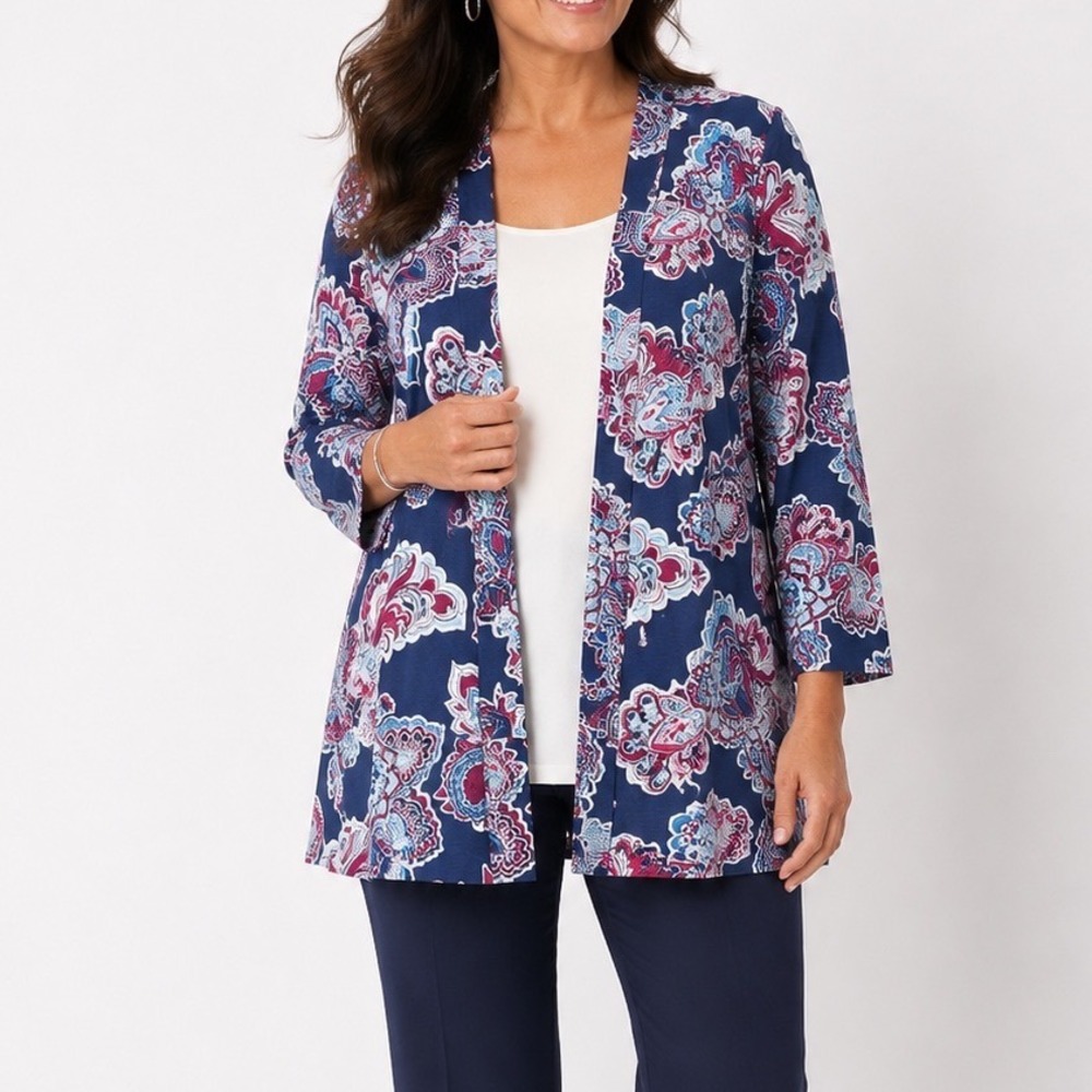 Chico's The Ultimate Tee Paisley Open Front Cardigan Blue Pink Size 2 Large